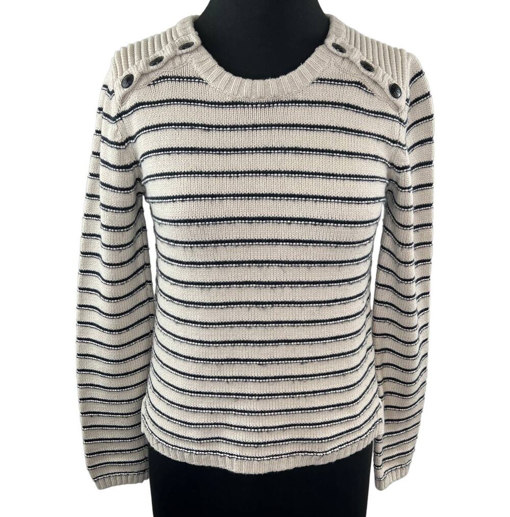 MAISON SCOTCH Cream Black Striped Button Shoulder Long Sleeve Sweater Size 2